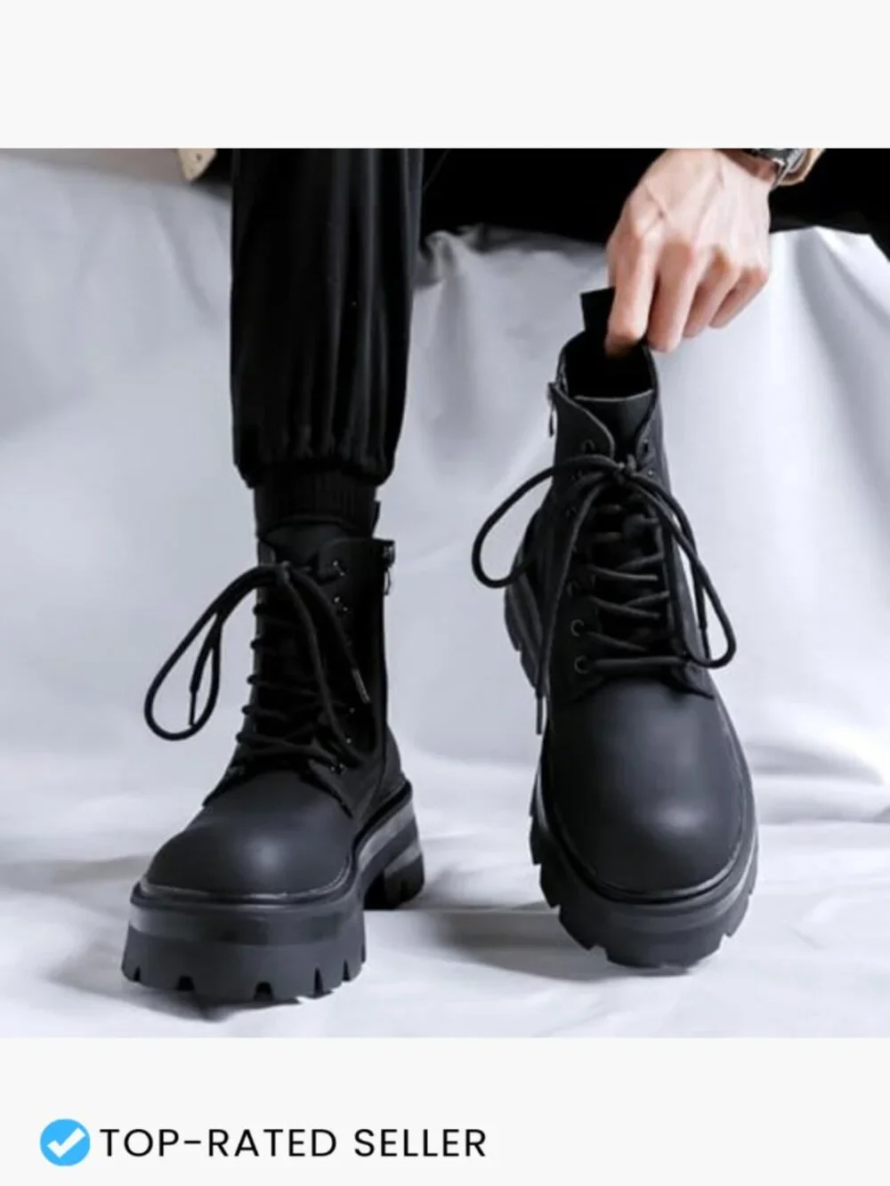 Men's Black Leather Lace-up Platform Combat Boots Chunky Heel Lug Sole